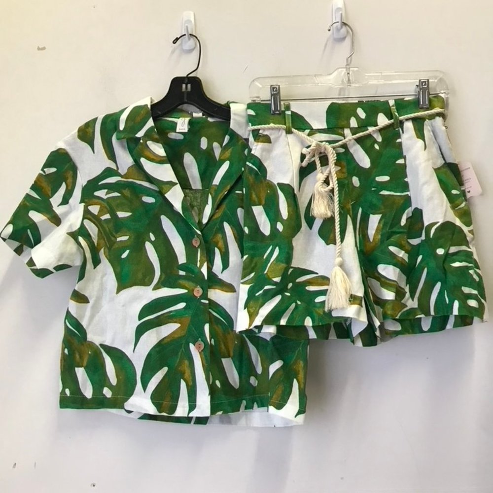 2 Pc Set Joie Monstera Leaf Linen Blend Top & Shorts